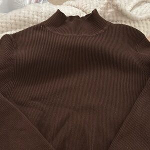 Brown Cowl Neck Ribbed Cropped Sweater